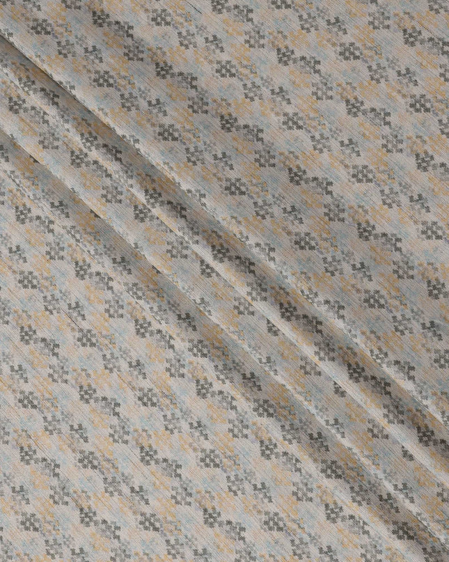 White Cotton Blend Fabric with Grey and Yellow Geometric Print, 110 Cms Width, Made in India-D25519