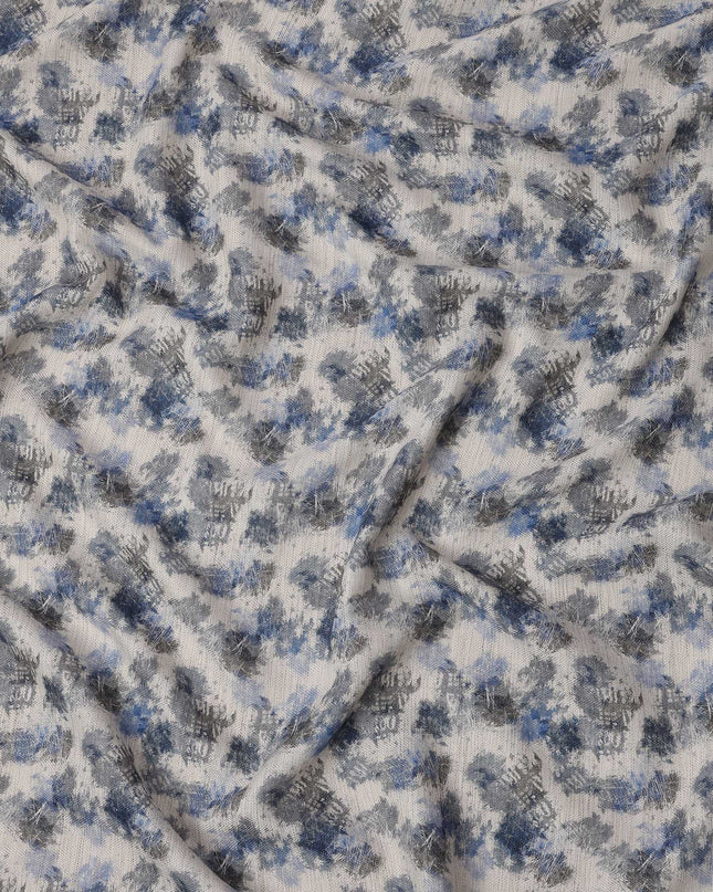 White Cotton Blend Fabric with Blue and Grey Abstract Print, 110 Cms Width, Made in India-D25514