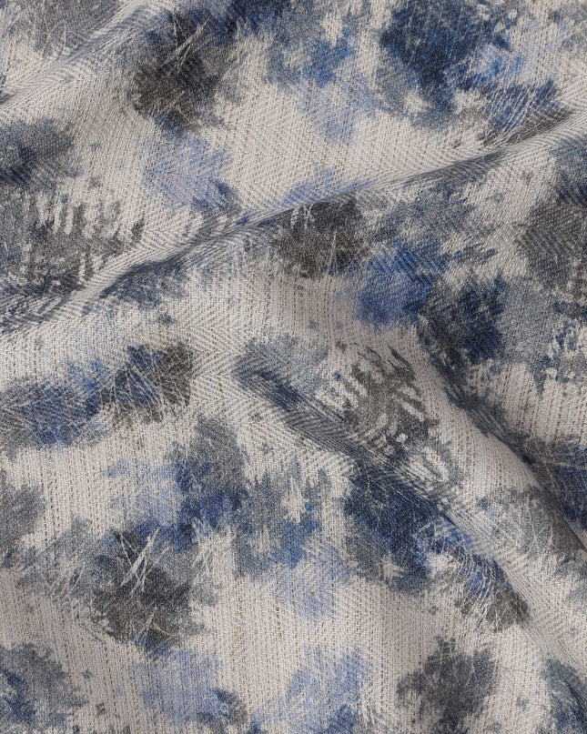 White Cotton Blend Fabric with Blue and Grey Abstract Print, 110 Cms Width, Made in India-D25514