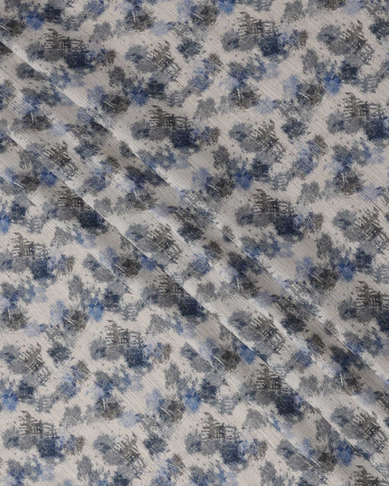 قماش مزيج قطني أبيض بطبعة تجريدية باللونين الأزرق والرمادي، عرض 110 سم، صنع في الهند - D25514