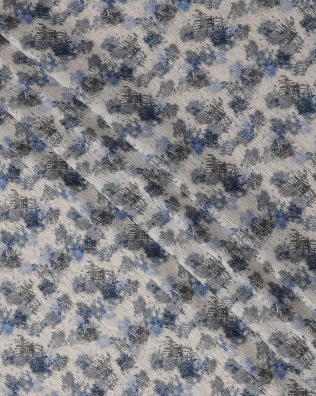 White Cotton Blend Fabric with Blue and Grey Abstract Print, 110 Cms Width, Made in India-D25514
