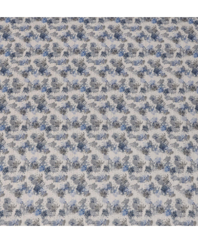 White Cotton Blend Fabric with Blue and Grey Abstract Print, 110 Cms Width, Made in India-D25514