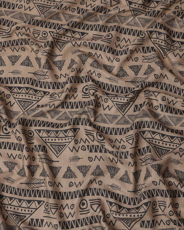 Brown Viscose Linen Blended Fabric with Black Tribal Geometric Print, 110 cms Width, Made in India-D25101