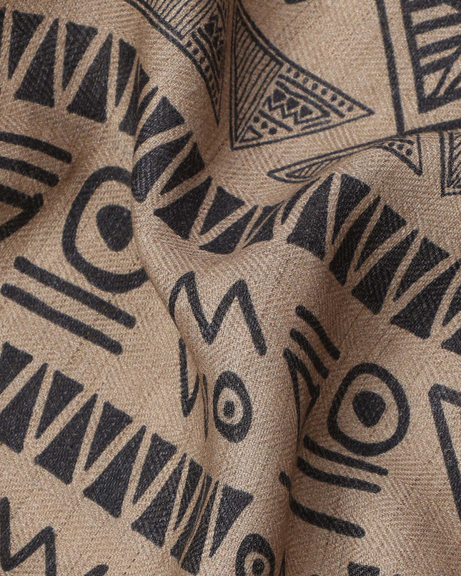 Brown Viscose Linen Blended Fabric with Black Tribal Geometric Print, 110 cms Width, Made in India-D25101