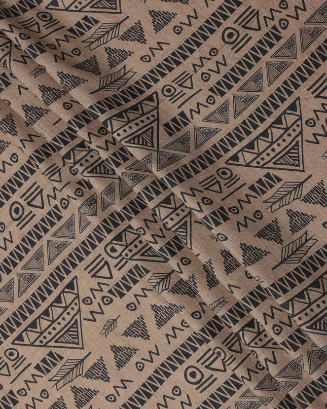 Brown Viscose Linen Blended Fabric with Black Tribal Geometric Print, 110 cms Width, Made in India-D25101