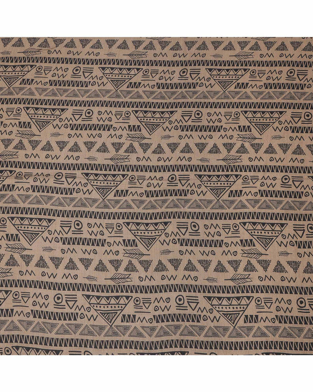 Brown Viscose Linen Blended Fabric with Black Tribal Geometric Print, 110 cms Width, Made in India-D25101