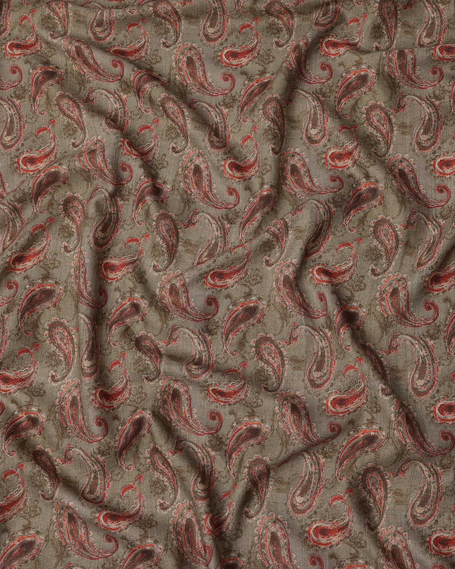 Grey Cotton Blend Fabric with Red Paisley Print, 110 Cms Width, Made in India-D25511