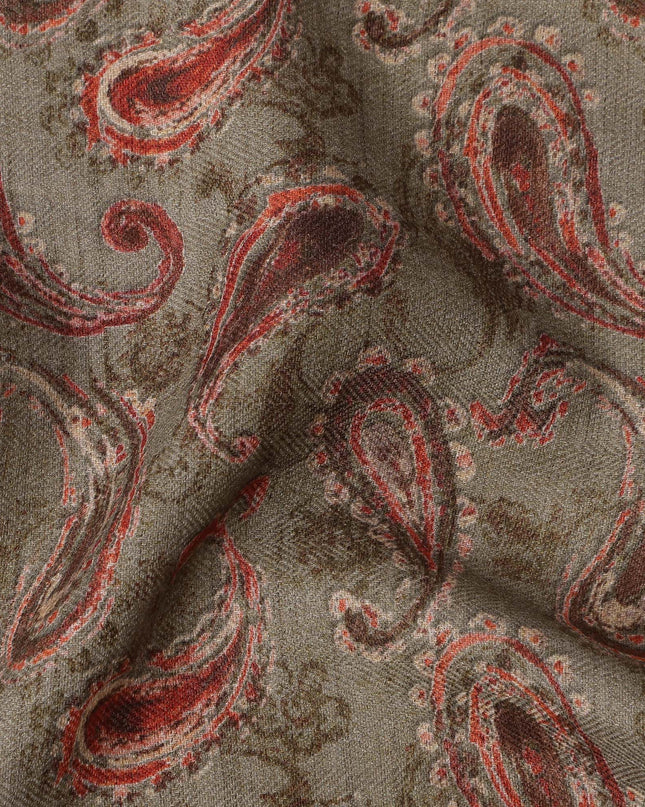 Grey Cotton Blend Fabric with Red Paisley Print, 110 Cms Width, Made in India-D25511