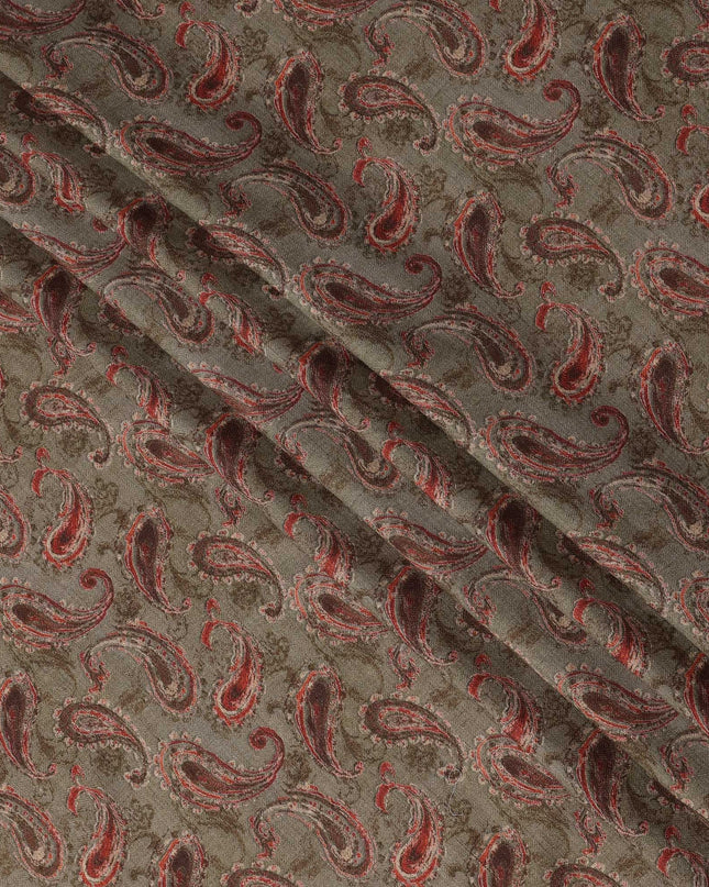 Grey Cotton Blend Fabric with Red Paisley Print, 110 Cms Width, Made in India-D25511