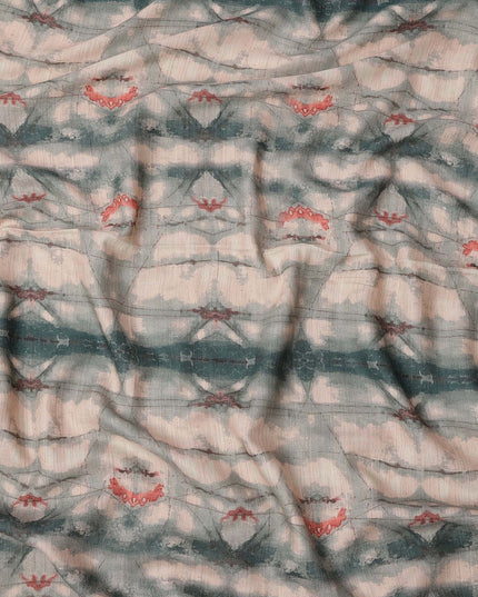 قماش فيسكوز كتان مخلوط باللون البيج والأخضر بطبعة تجريدية مستوحاة من شيبوري، عرض 110 سم، صنع في الهند - D25104