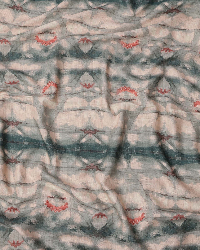 Beige Green Viscose Linen Blended Fabric with Abstract Shibori Inspired Print, 110 cms Width, Made in India-D25104