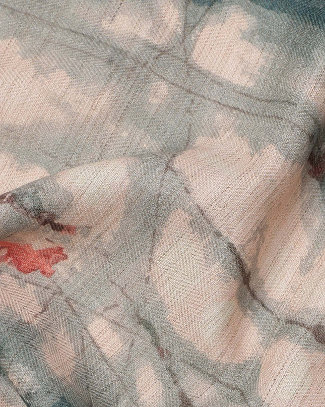 Beige Green Viscose Linen Blended Fabric with Abstract Shibori Inspired Print, 110 cms Width, Made in India-D25104