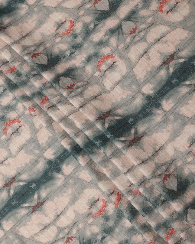 Beige Green Viscose Linen Blended Fabric with Abstract Shibori Inspired Print, 110 cms Width, Made in India-D25104