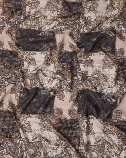 قماش بني من مزيج الكتان والفيسكوز، بنقشة بيزلي مزخرفة ونقشة مربعات، عرض 110 سم، صنع في الهند - D25098