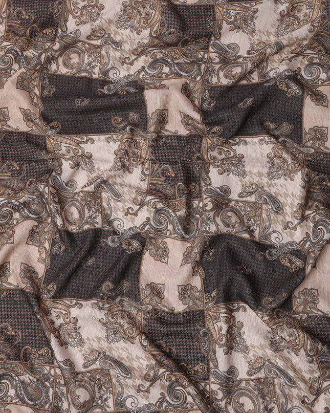 Brown Viscose Linen Blended Fabric with Ornate Paisley and Checkered Patchwork Print, 110 cms Width, Made in India-D25098