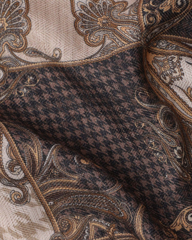 Brown Viscose Linen Blended Fabric with Ornate Paisley and Checkered Patchwork Print, 110 cms Width, Made in India-D25098