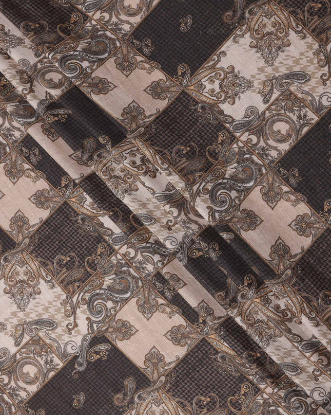 Brown Viscose Linen Blended Fabric with Ornate Paisley and Checkered Patchwork Print, 110 cms Width, Made in India-D25098
