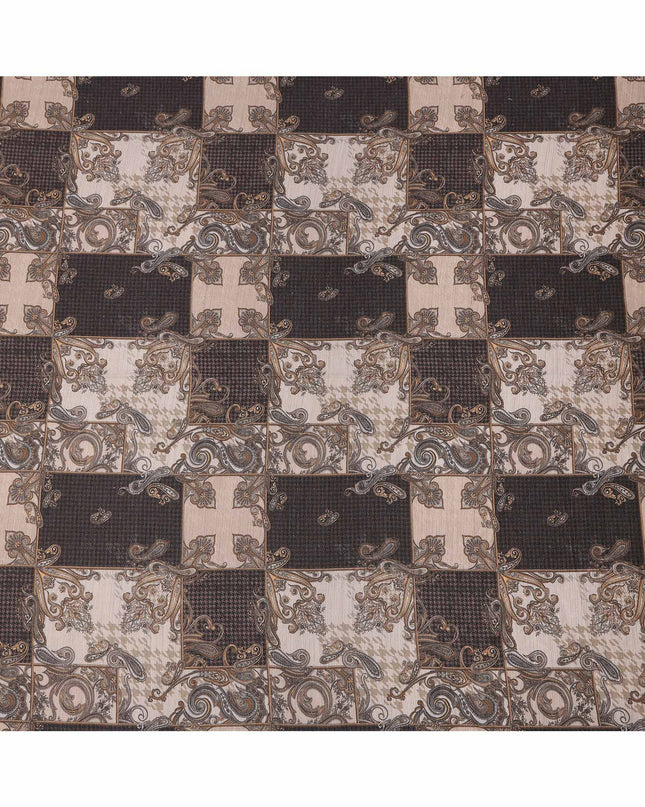 Brown Viscose Linen Blended Fabric with Ornate Paisley and Checkered Patchwork Print, 110 cms Width, Made in India-D25098