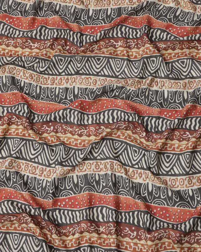 Multicolor Viscose Linen Blended Fabric with Tribal Stripe Design Print, 110 cms Width, Made in India-D25102