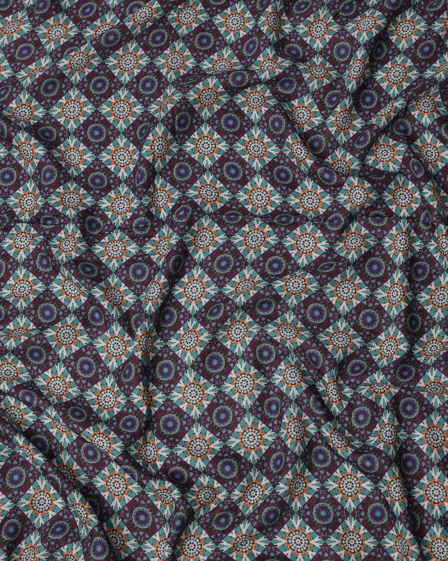 Navy Blue Viscose Linen Blended Fabric with Geometric Floral Printed Design, 110 cms Width, Made in India-D25097