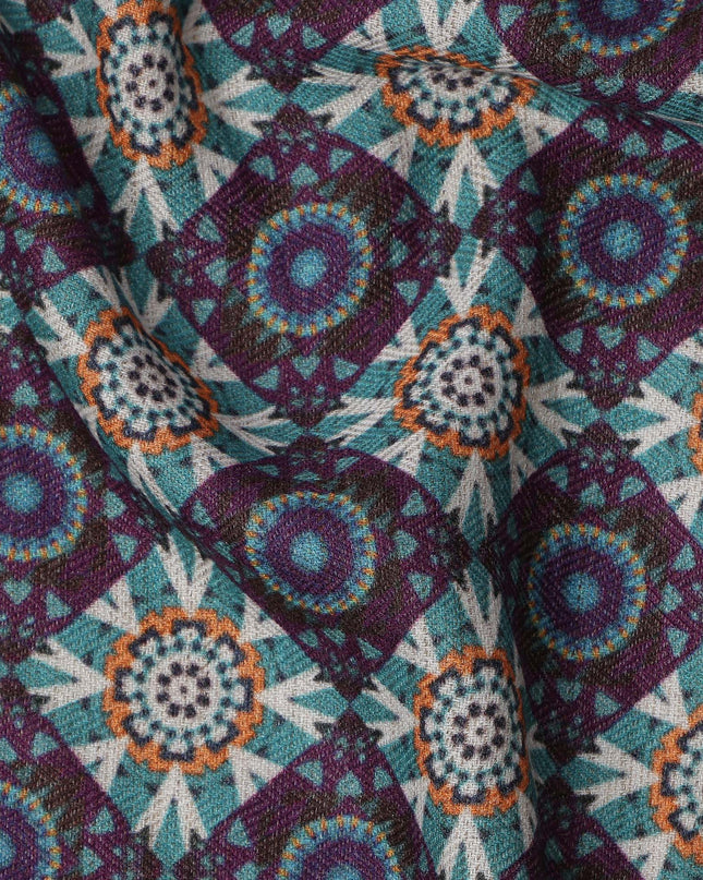 Navy Blue Viscose Linen Blended Fabric with Geometric Floral Printed Design, 110 cms Width, Made in India-D25097