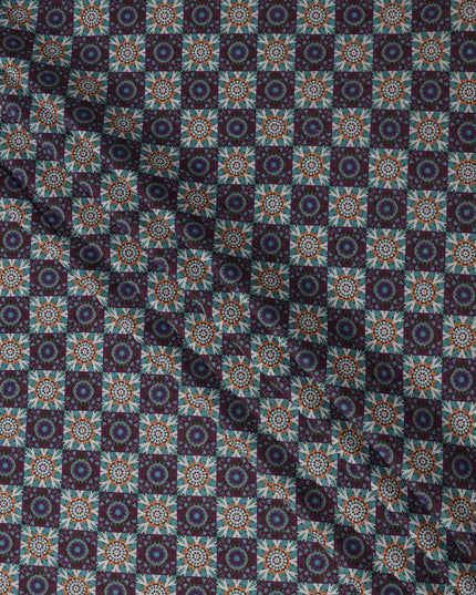 قماش كتان فيسكوز أزرق داكن بنقشة زهور هندسية، عرض 110 سم، صنع في الهند - D25097