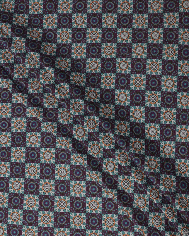 Navy Blue Viscose Linen Blended Fabric with Geometric Floral Printed Design, 110 cms Width, Made in India-D25097