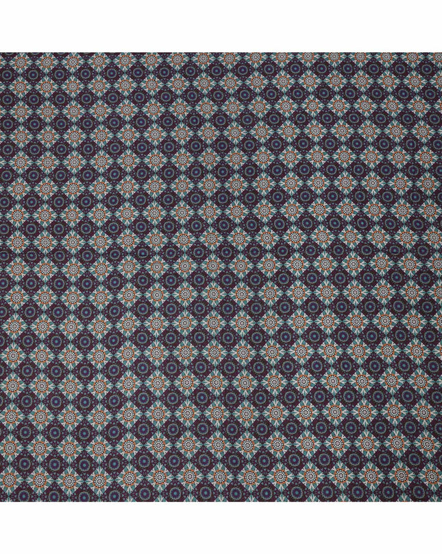 Navy Blue Viscose Linen Blended Fabric with Geometric Floral Printed Design, 110 cms Width, Made in India-D25097
