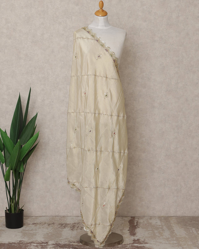 Beige Embroidered Border and Mirror Work Premium Tussar Silk Dupatta, 225X85 Cms, Made in India-D25760