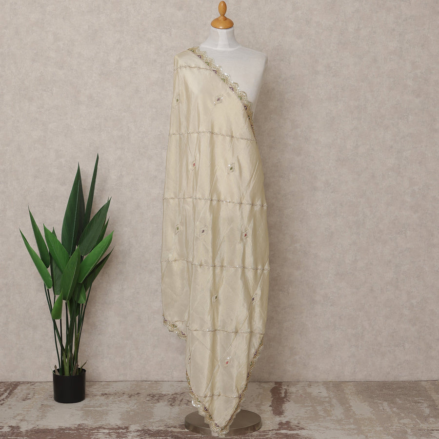 Beige Embroidered Border and Mirror Work Premium Tussar Silk Dupatta, 225X85 Cms, Made in India-D25760