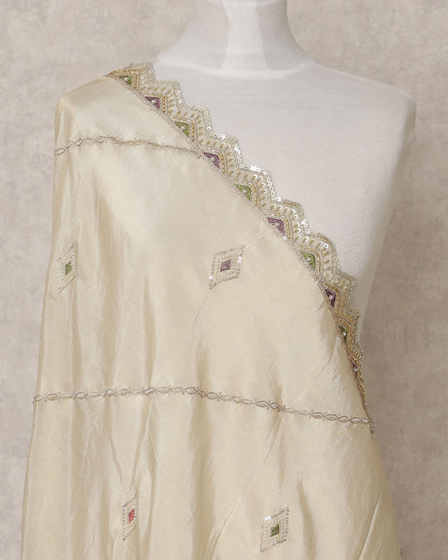 Beige Embroidered Border and Mirror Work Premium Tussar Silk Dupatta, 225X85 Cms, Made in India-D25760