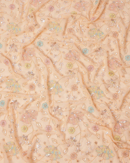 Peach Pastel Floral Sequin & Bead Embroidered Silk Chiffon Fabric, 110 Cms Width, India-D25268