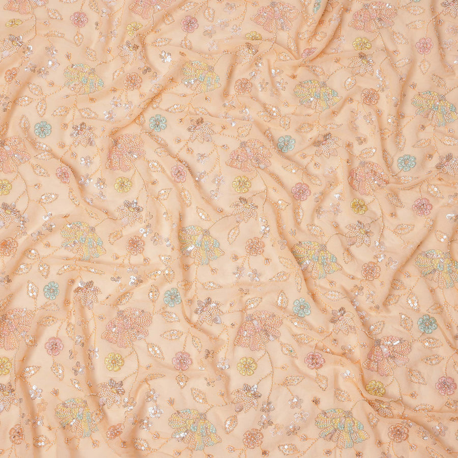 Peach Pastel Floral Sequin & Bead Embroidered Silk Chiffon Fabric, 110 Cms Width, India-D25268