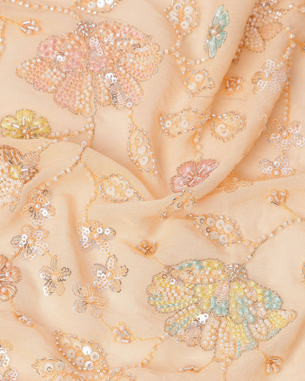 Peach Pastel Floral Sequin & Bead Embroidered Silk Chiffon Fabric, 110 Cms Width, India-D25268