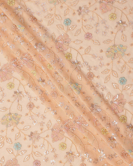 Peach Pastel Floral Sequin & Bead Embroidered Silk Chiffon Fabric, 110 Cms Width, India-D25268