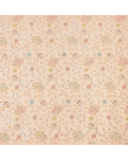 Peach Pastel Floral Sequin & Bead Embroidered Silk Chiffon Fabric, 110 Cms Width, India-D25268