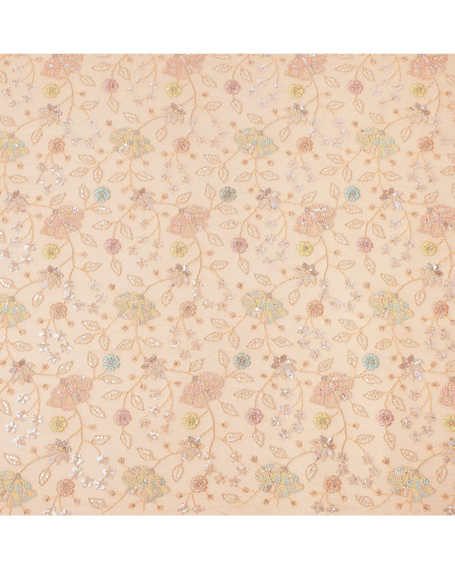 Peach Pastel Floral Sequin & Bead Embroidered Silk Chiffon Fabric, 110 Cms Width, India-D25268