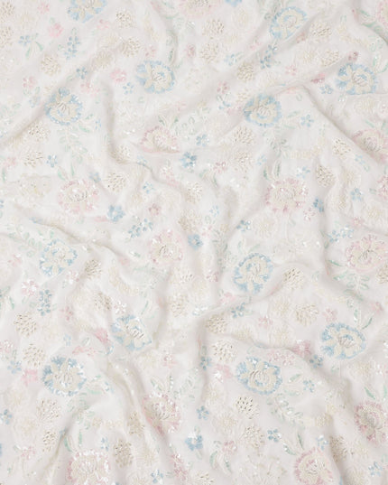 White Pastel Floral Sequin & Thread Embroidered Silk Chiffon Fabric, 110 Cms Width, India-D25270