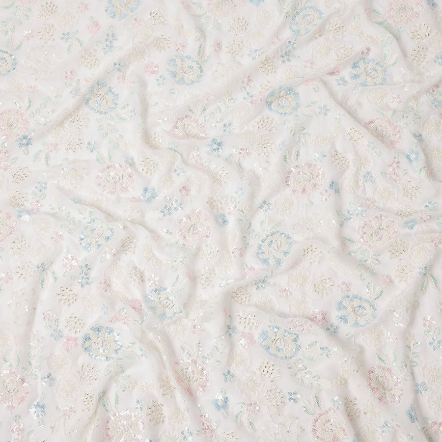 White Pastel Floral Sequin & Thread Embroidered Silk Chiffon Fabric, 110 Cms Width, India-D25270