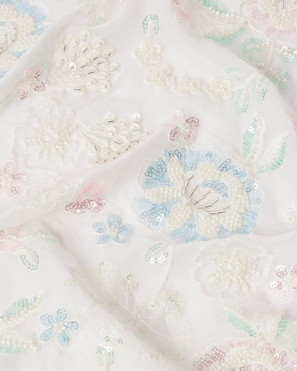 White Pastel Floral Sequin & Thread Embroidered Silk Chiffon Fabric, 110 Cms Width, India-D25270