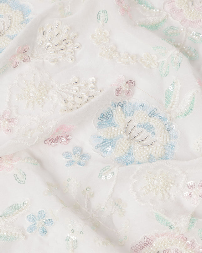 White Pastel Floral Sequin & Thread Embroidered Silk Chiffon Fabric, 110 Cms Width, India-D25270
