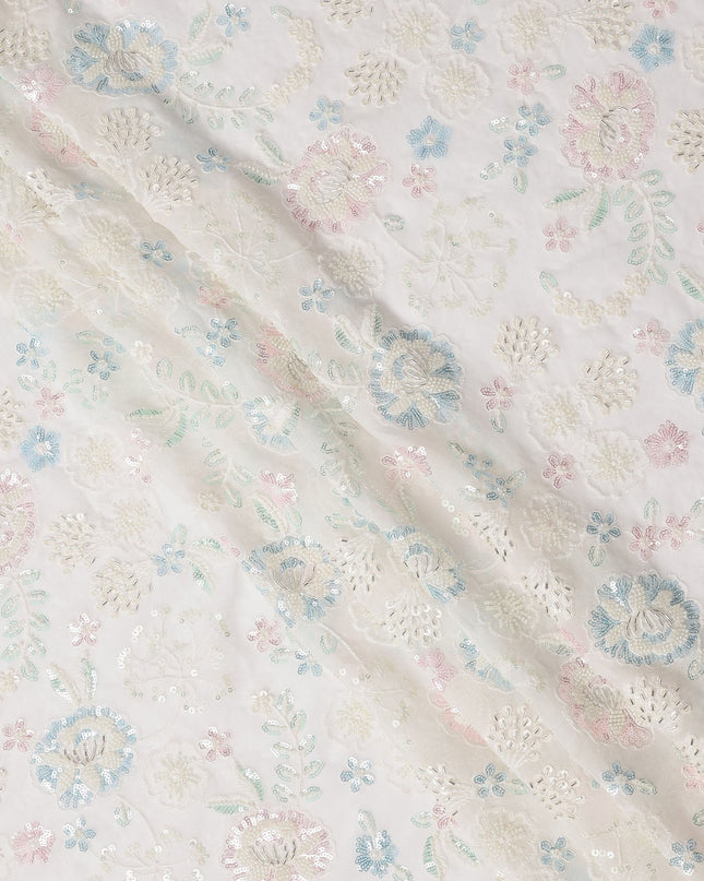 White Pastel Floral Sequin & Thread Embroidered Silk Chiffon Fabric, 110 Cms Width, India-D25270