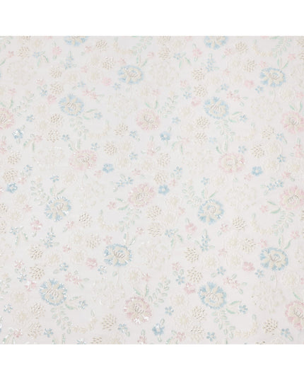 White Pastel Floral Sequin & Thread Embroidered Silk Chiffon Fabric, 110 Cms Width, India-D25270
