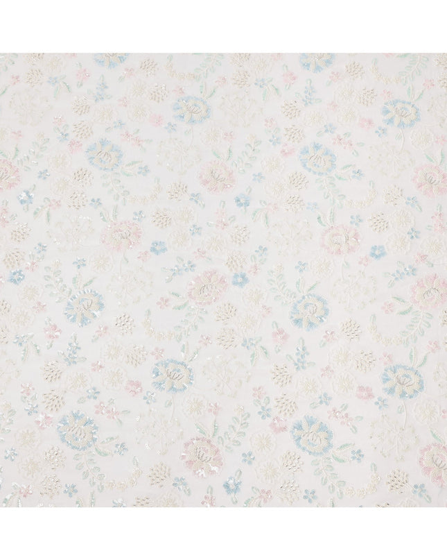 White Pastel Floral Sequin & Thread Embroidered Silk Chiffon Fabric, 110 Cms Width, India-D25270