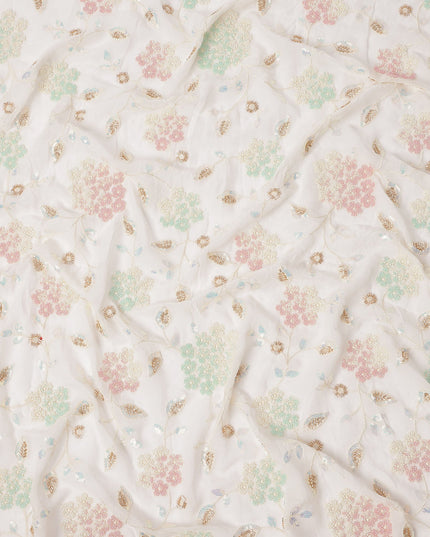 White Pastel Floral Sequin & Thread Embroidered Silk Chiffon Fabric, 110 Cms Width, India-D25271