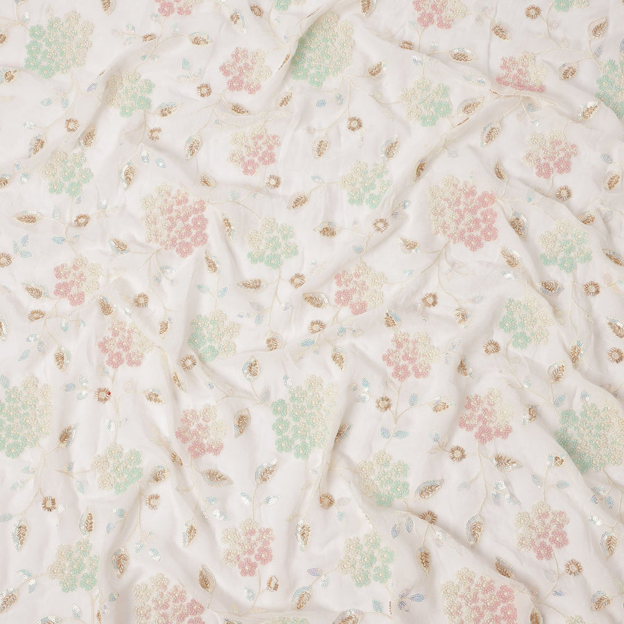 White Pastel Floral Sequin & Thread Embroidered Silk Chiffon Fabric, 110 Cms Width, India-D25271