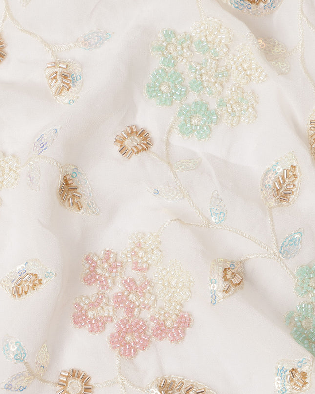 White Pastel Floral Sequin & Thread Embroidered Silk Chiffon Fabric, 110 Cms Width, India-D25271