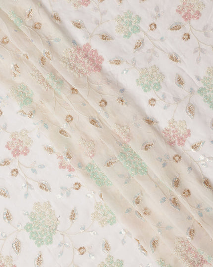 White Pastel Floral Sequin & Thread Embroidered Silk Chiffon Fabric, 110 Cms Width, India-D25271