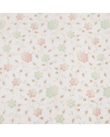 White Pastel Floral Sequin & Thread Embroidered Silk Chiffon Fabric, 110 Cms Width, India-D25271