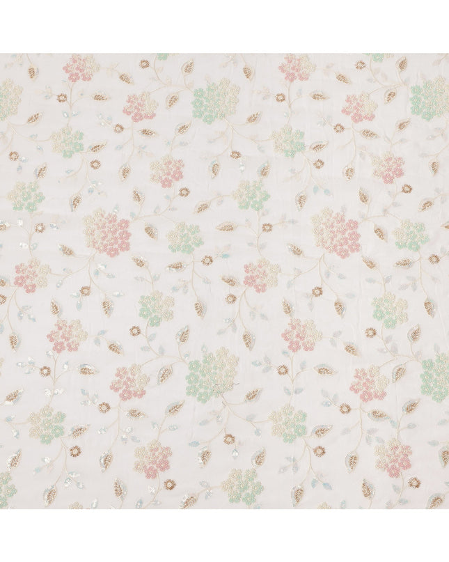 White Pastel Floral Sequin & Thread Embroidered Silk Chiffon Fabric, 110 Cms Width, India-D25271